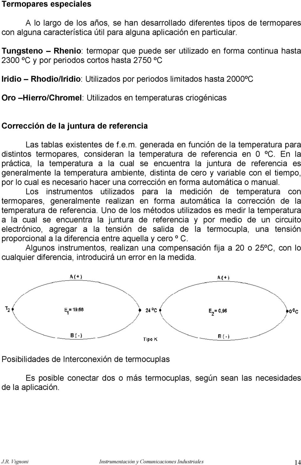 Hierro/Chromel: Utilizados en temperaturas criogénicas Corrección de la juntura de referencia Las tablas existentes de f.e.m. generada en función de la temperatura para distintos termopares, consideran la temperatura de referencia en 0 ºC.