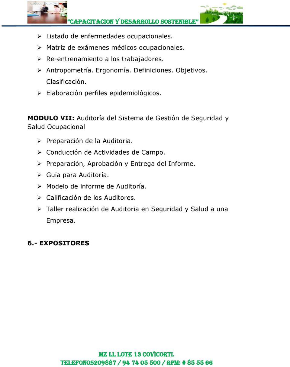 MODULO VII: Auditoría del Sistema de Gestión de Seguridad y Salud Ocupacional Preparación de la Auditoria. Conducción de Actividades de Campo.