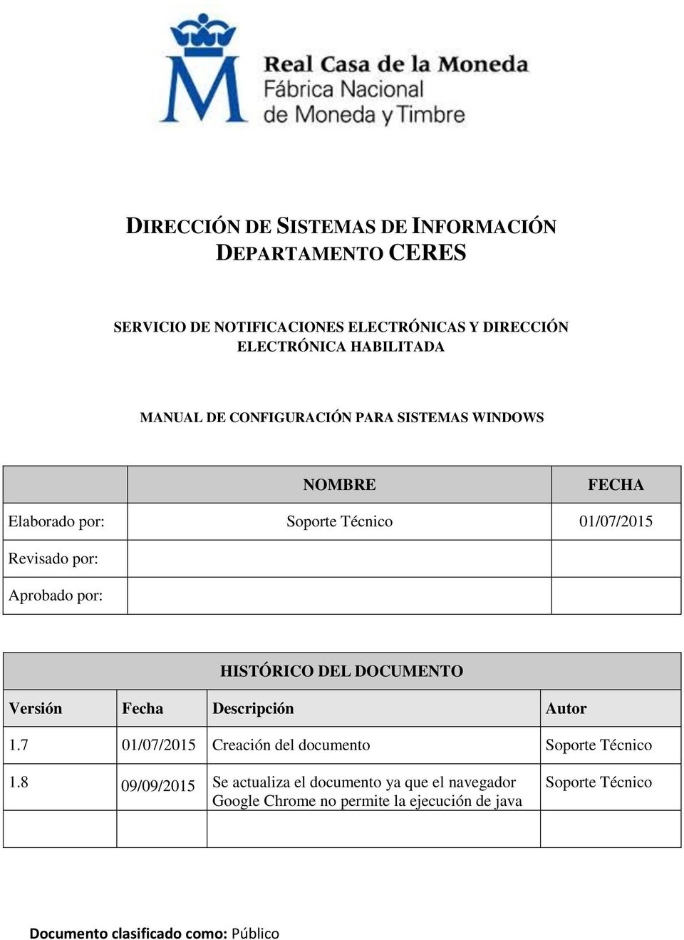 HISTÓRICO DEL DOCUMENTO Versión Fecha Descripción Autor 1.7 01/07/2015 Creación del documento Soporte Técnico 1.