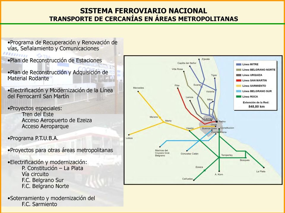 San Martín Proyectos especiales: Tren del Este Acceso Aeropuerto de Ezeiza Acceso Aeroparque Programa P.T.U.B.A. Proyectos para otras áreas metropolitanas Electrificación y modernización: P.