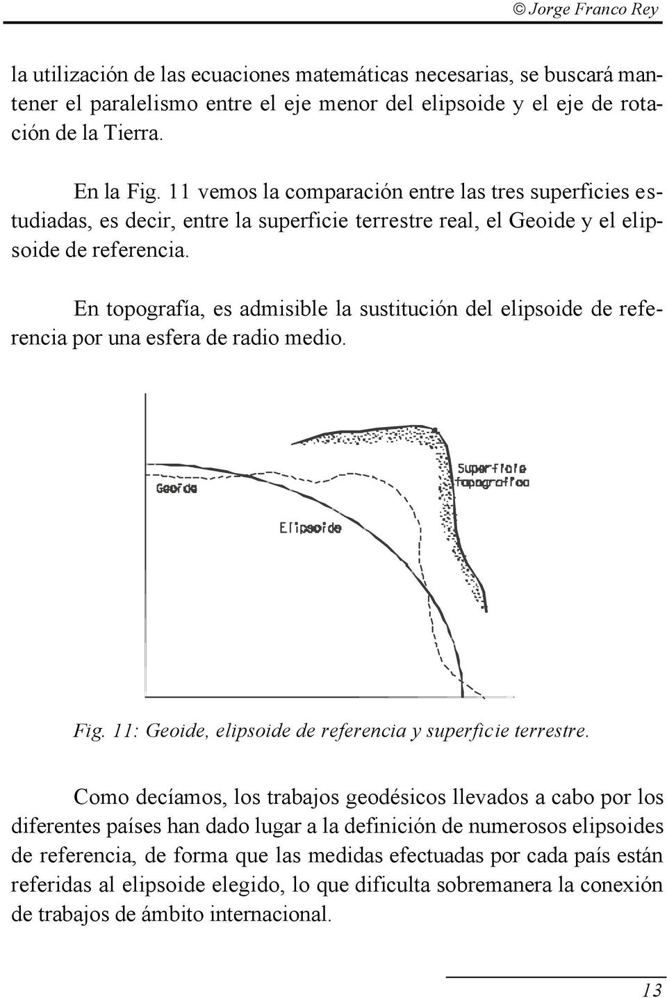 En topografía, es admisible la sustitución del elipsoide de referencia por una esfera de radio medio. Fig. 11: Geoide, elipsoide de referencia y superficie terrestre.