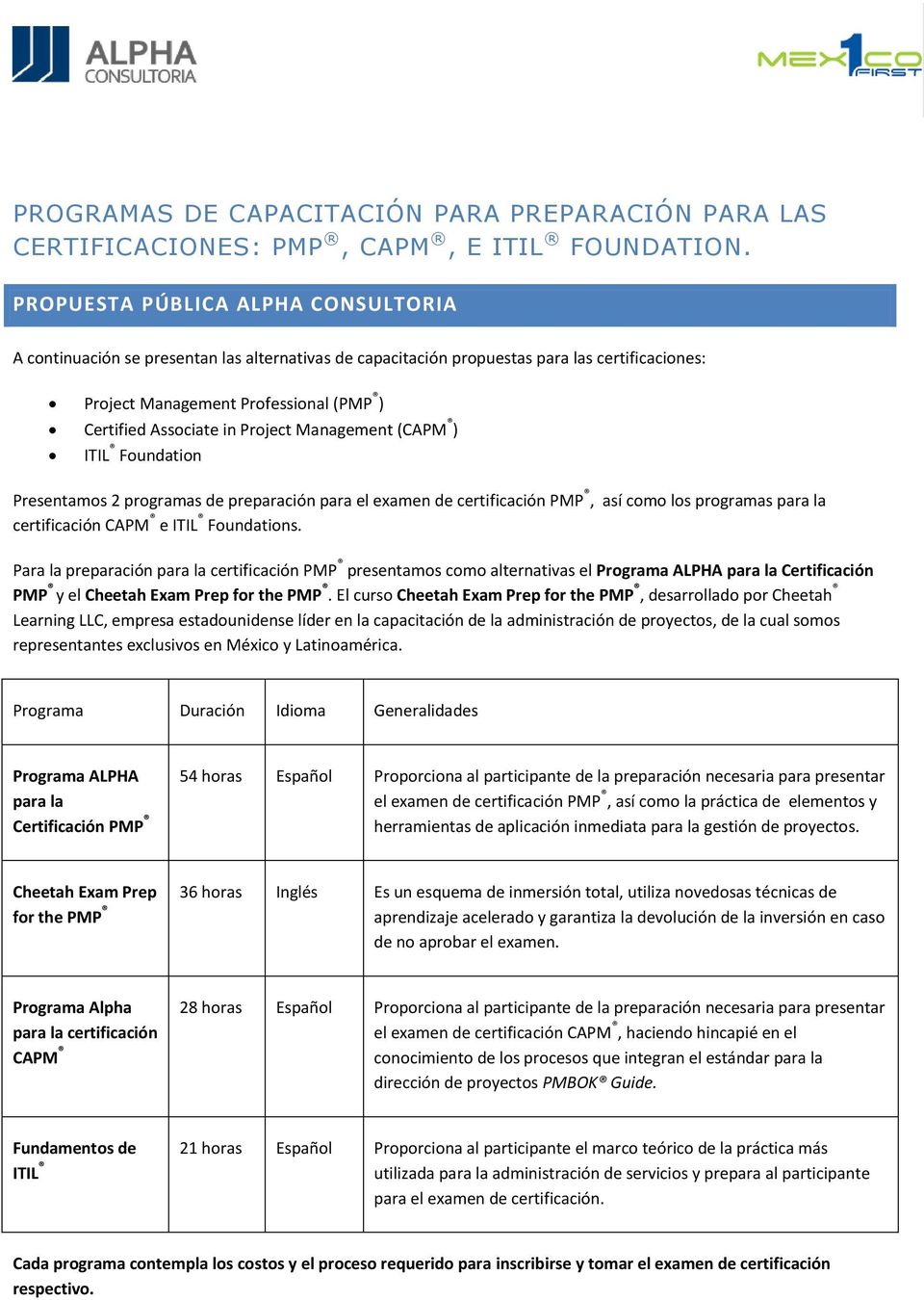 Project Management (CAPM ) ITIL Foundation Presentamos 2 programas de preparación para el examen de certificación PMP, así como los programas para la certificación CAPM e ITIL Foundations.