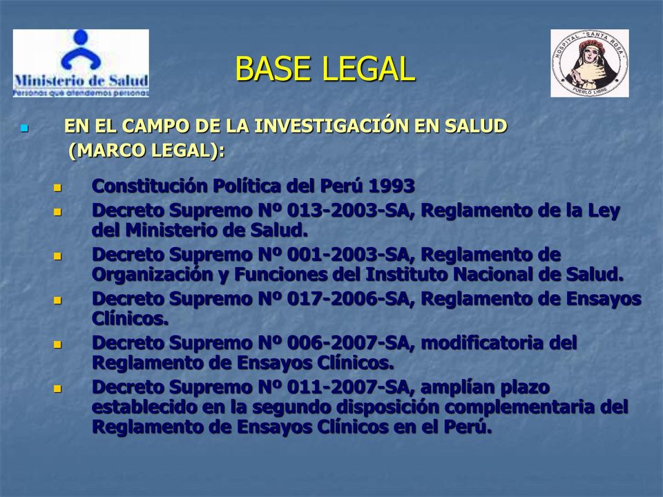Decreto Supremo Nº 001-2003-SA, Reglamento de Organización y Funciones del Instituto Nacional de Salud.