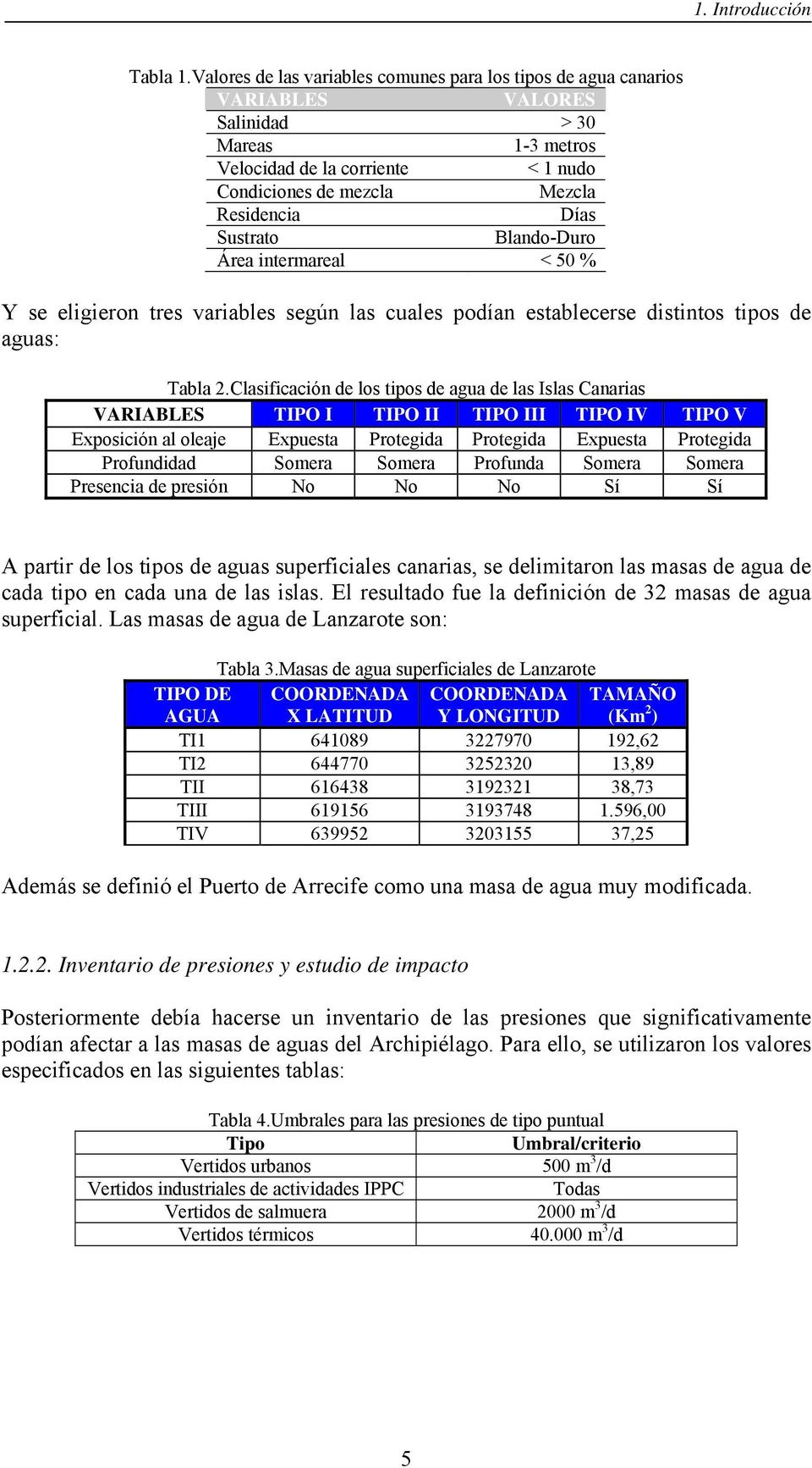 Sustrato Blando-Duro Área intermareal < 50 % Y se eligieron tres variables según las cuales podían establecerse distintos tipos de aguas: Tabla 2.