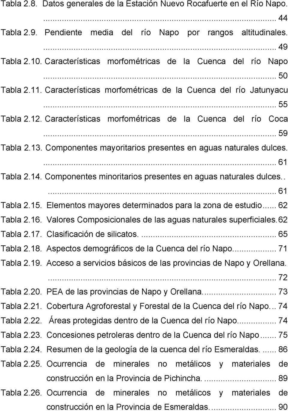 Características morfométricas de la Cuenca del río Coca... 59 Tabla 2.13. Componentes mayoritarios presentes en aguas naturales dulces.... 61 Tabla 2.14.