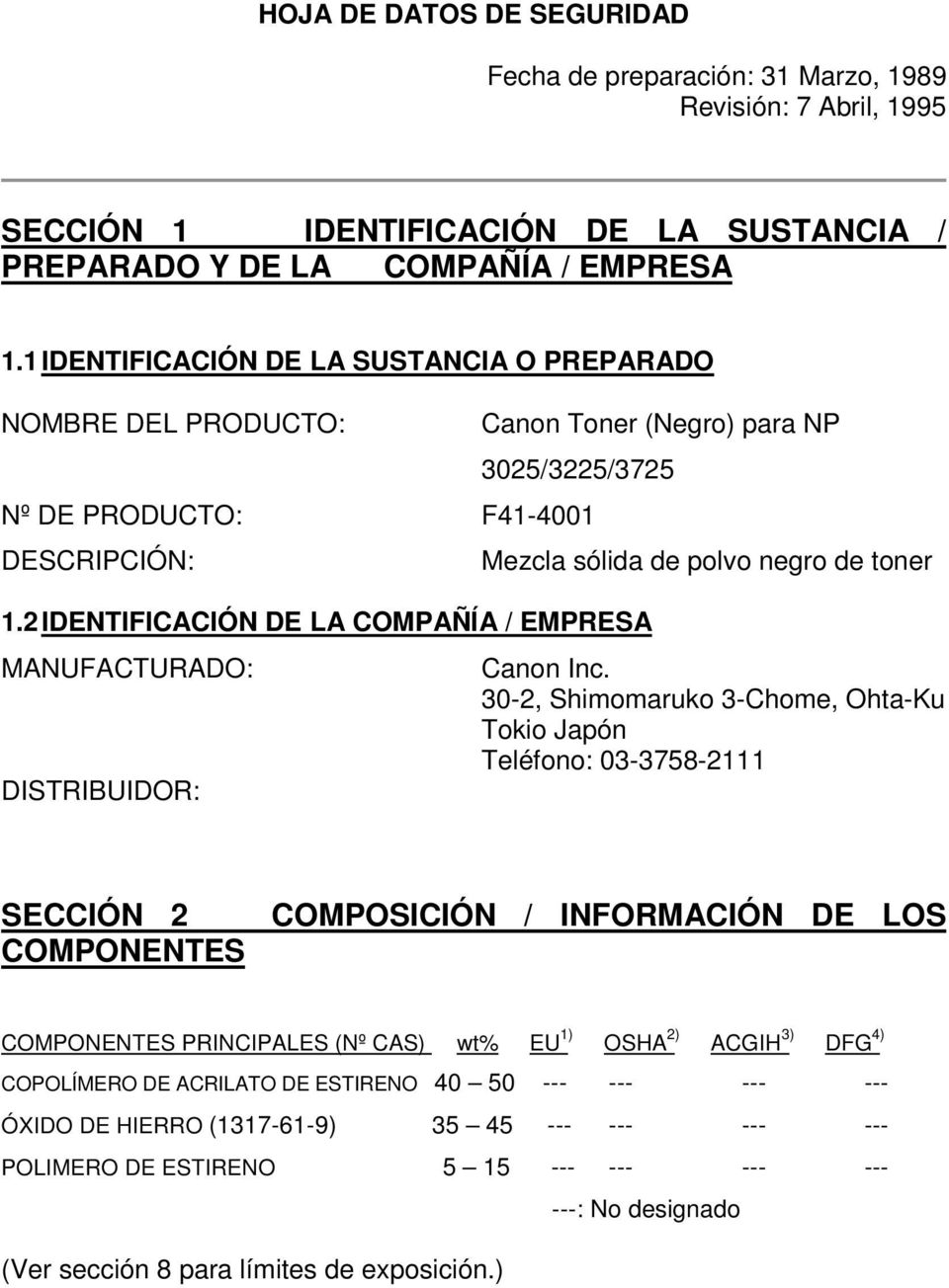 2 IDENTIFICACIÓN DE LA COMPAÑÍA / EMPRESA MANUFACTURADO: DISTRIBUIDOR: Mezcla sólida de polvo negro de toner Canon Inc.