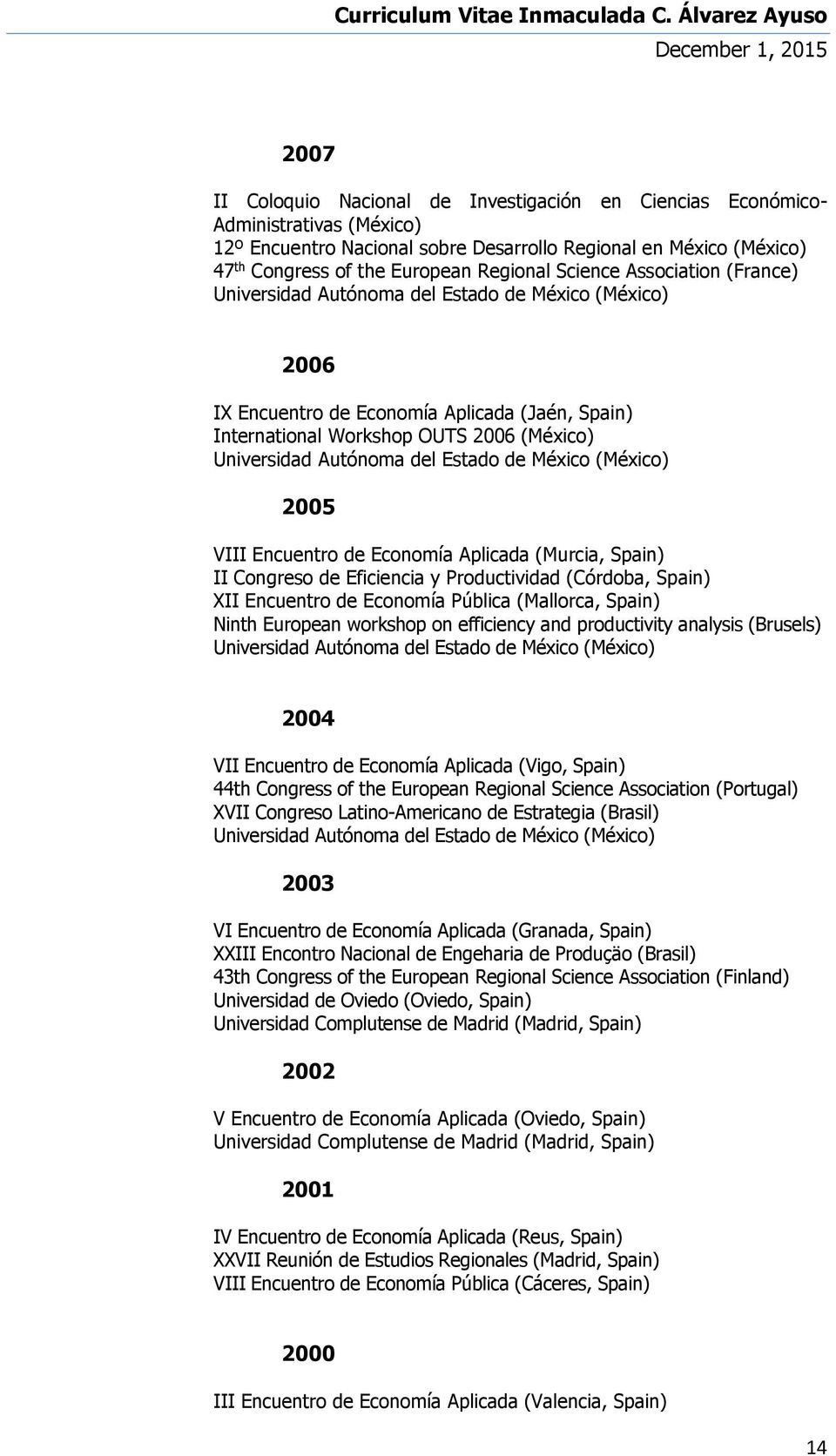 Estado de México (México) 2005 VIII Encuentro de Economía Aplicada (Murcia, Spain) II Congreso de Eficiencia y Productividad (Córdoba, Spain) XII Encuentro de Economía Pública (Mallorca, Spain) Ninth