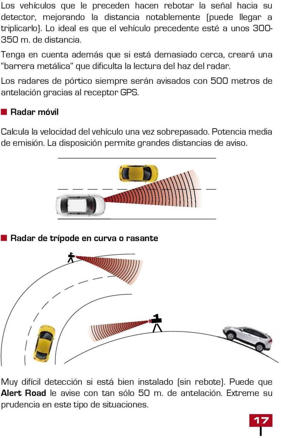 Los radares de pórtico siempre serán avisados con 500 metros de antelación gracias al receptor GPS. Radar móvil Calcula la velocidad del vehículo una vez sobrepasado. Potencia media de emisión.