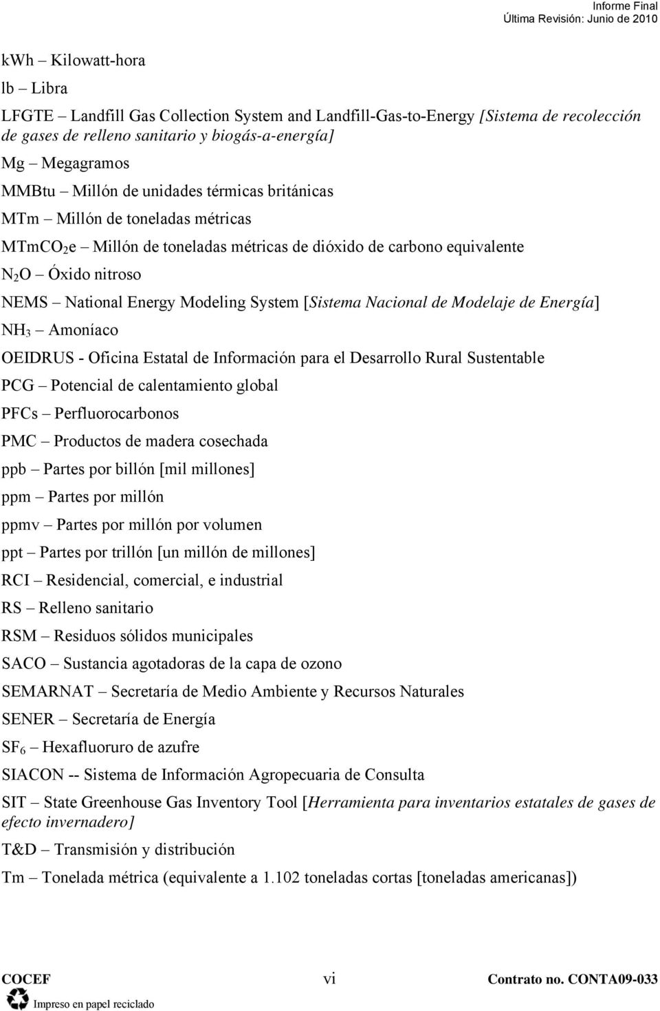 [Sistema Nacional de Modelaje de Energía] NH 3 Amoníaco OEIDRUS - Oficina Estatal de Información para el Desarrollo Rural Sustentable PCG Potencial de calentamiento global PFCs Perfluorocarbonos PMC