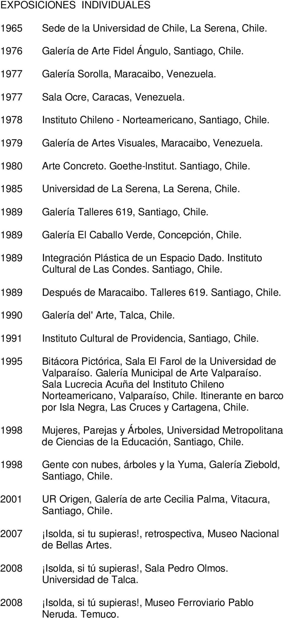 1985 Universidad de La Serena, La Serena, 1989 Galería Talleres 619, 1989 Galería El Caballo Verde, Concepción, 1989 Integración Plástica de un Espacio Dado. Instituto Cultural de Las Condes.