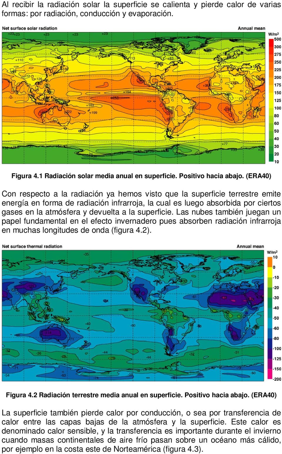 (ERA40) Con respecto a la radiación ya hemos visto que la superficie terrestre emite energía en forma de radiación infrarroja, la cual es luego absorbida por ciertos gases en la atmósfera y devuelta