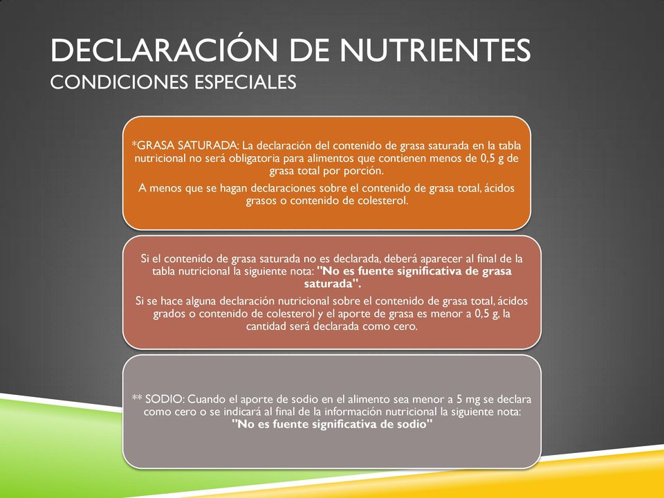 Si el contenido de grasa saturada no es declarada, deberá aparecer al final de la tabla nutricional la siguiente nota: "No es fuente significativa de grasa saturada".