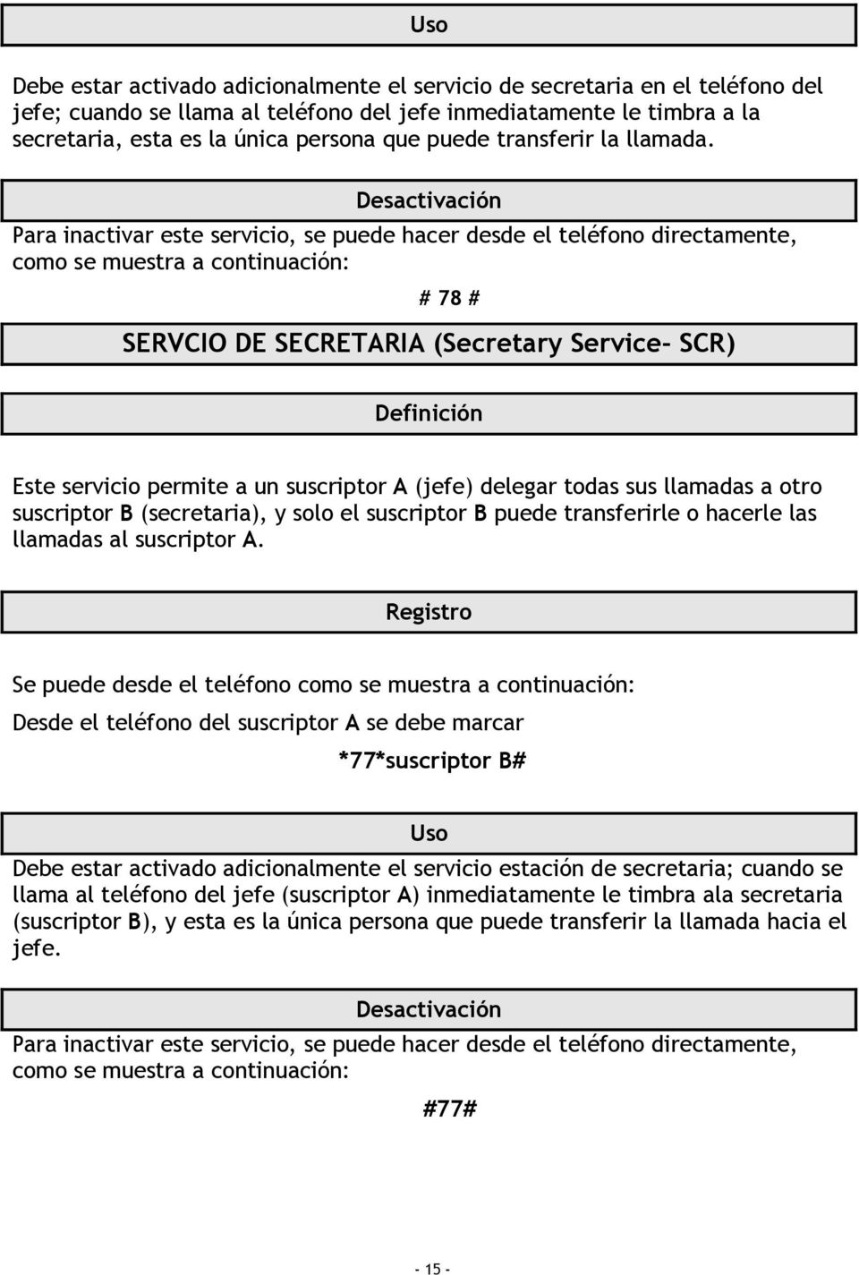 Para inactivar este servicio, se puede hacer desde el teléfono directamente, como se muestra a continuación: # 78 # SERVCIO DE SECRETARIA (Secretary Service- SCR) Este servicio permite a un