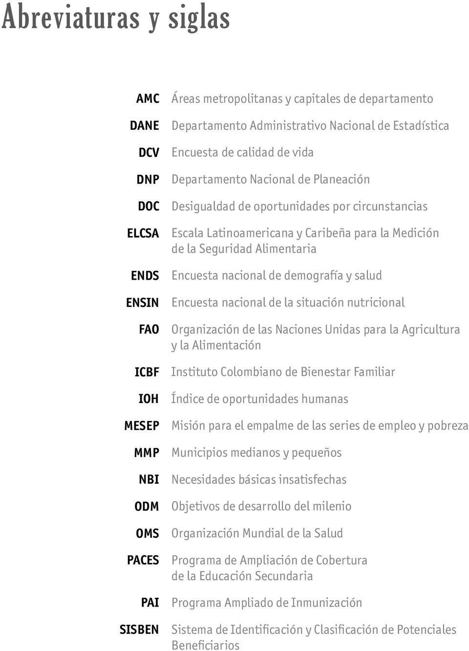 Alimentaria Encuesta nacional de demografía y salud Encuesta nacional de la situación nutricional Organización de las Naciones Unidas para la Agricultura y la Alimentación Instituto Colombiano de