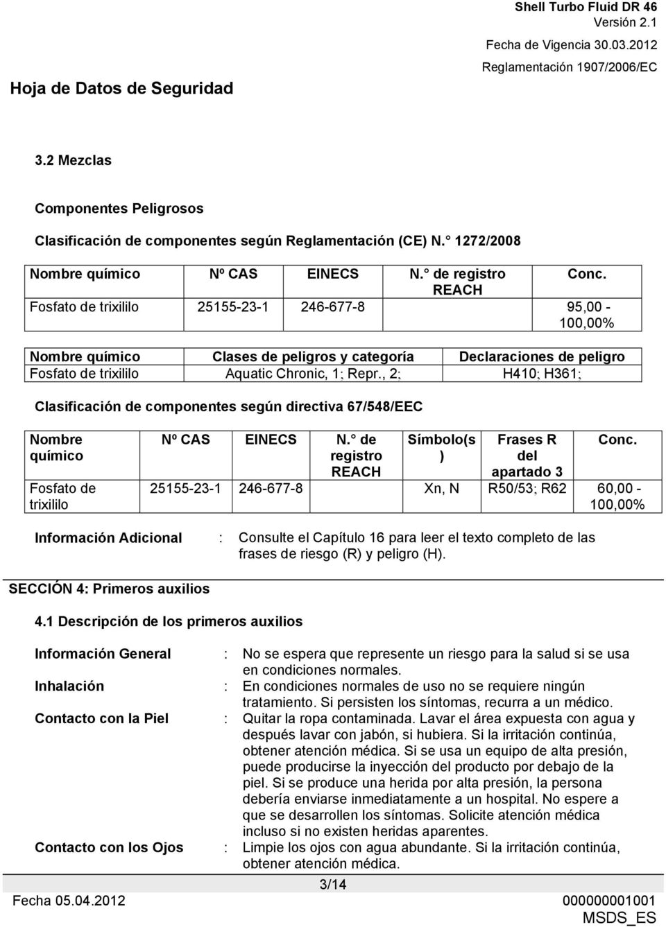 , 2; H410; H361; Clasificación de componentes según directiva 67/548/EEC Nombre químico Fosfato de trixililo Nº CAS EINECS N. de registro REACH Símbolo(s ) Frases R del apartado 3 Conc.