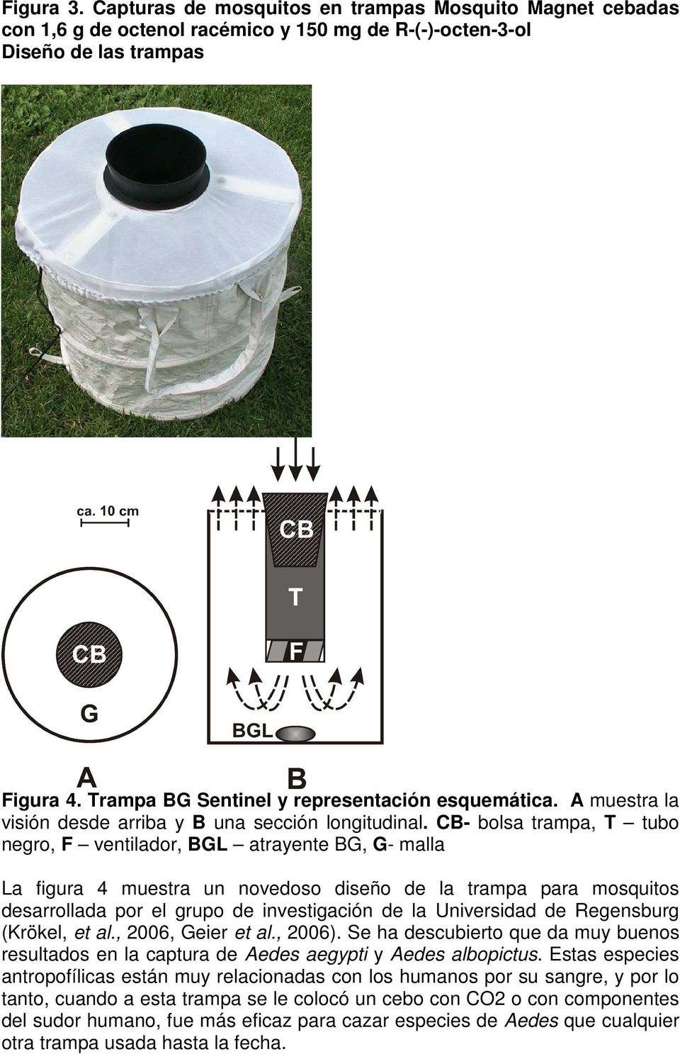 CB- bolsa trampa, T tubo negro, F ventilador, BGL atrayente BG, G- malla La figura 4 muestra un novedoso diseño de la trampa para mosquitos desarrollada por el grupo de investigación de la