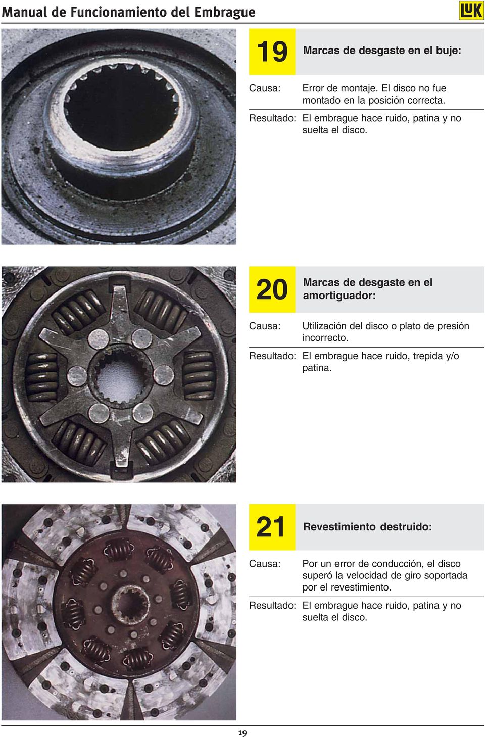 20 Marcas de desgaste en el amortiguador: Utilización del disco o plato de presión incorrecto.