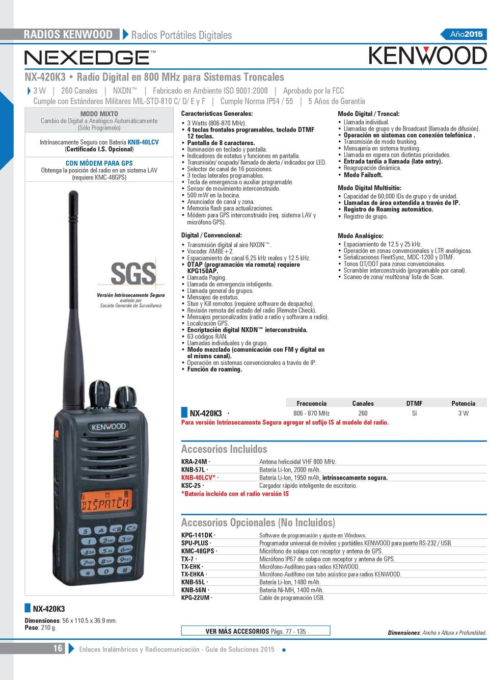 I.S. Opcional) CON MÓDEM PARA GPS Obtenga la posición del radio en un sistema LAV (requiere KMC-48GPS) Versión Intrínsecamente Segura avalado por Societe Generale de Surveillance Características