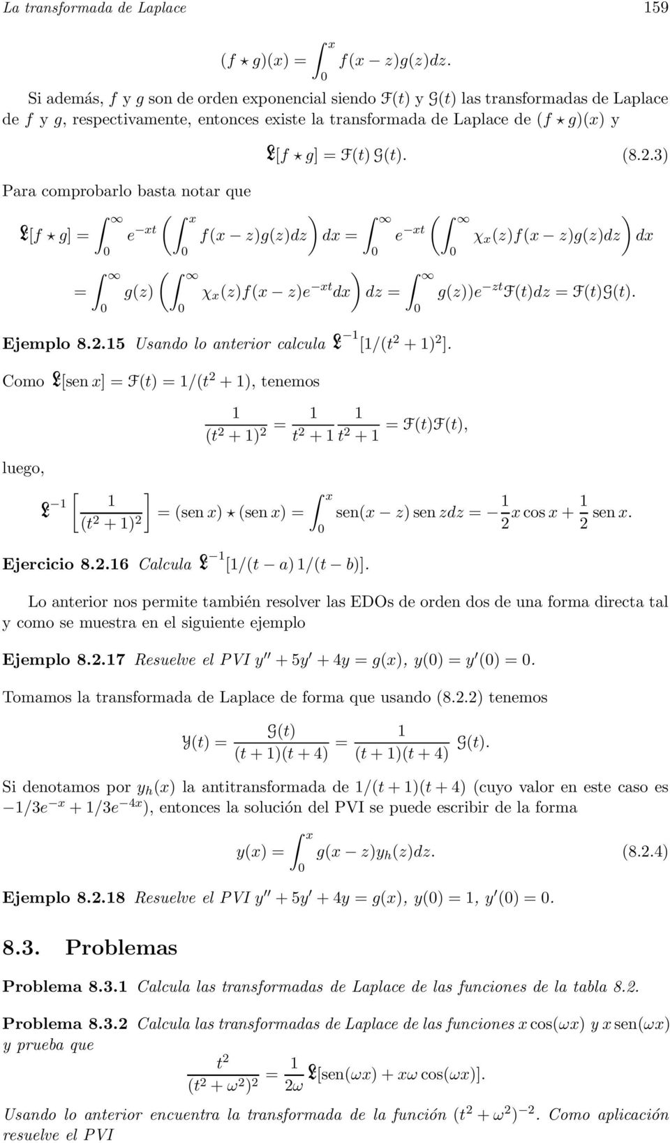 g = = ( x e x f(x z)g(z)dz f g = F() G(). (8.2.3) ) dx = ( g(z) χ x (z)f(x z)e x dx ) dz = e x ( ) χ x (z)f(x z)g(z)dz dx g(z))e z F()dz = F()G(). Ejemplo 8.2.5 Usando lo anerior calcula /( 2 + ) 2.