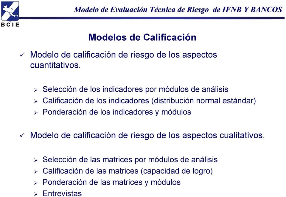 Ponderación de los indicadores y módulos Modelo de calificación de riesgo de los aspectos cualitativos.