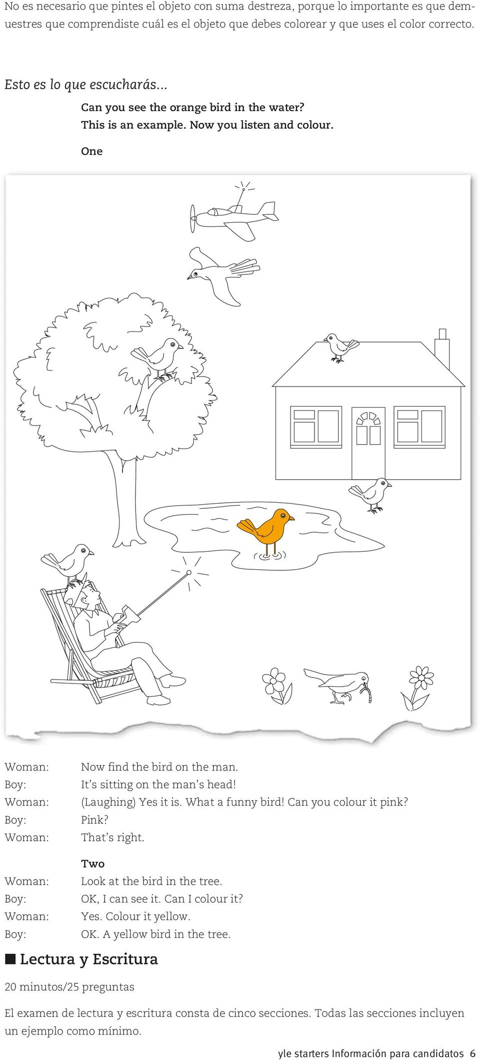 (Laughing) Yes it is. What a funny bird! Can you colour it pink? Pink? That s right. Two Look at the bird in the tree. OK, I can see it. Can I colour it? Yes. Colour it yellow. OK. A yellow bird in the tree.