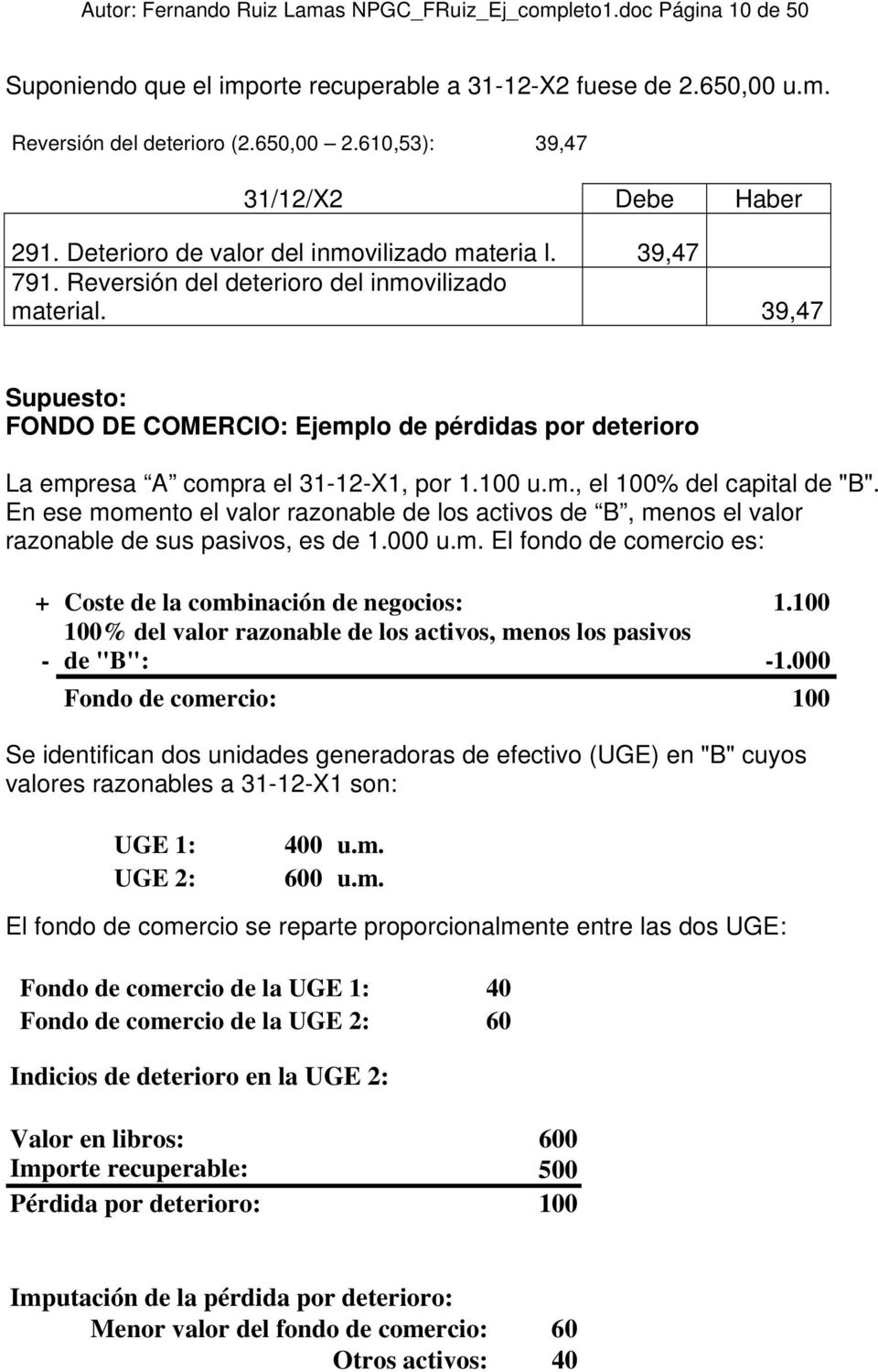 39,47 Supuesto: FONDO DE COMERCIO: Ejemplo de pérdidas por deterioro La empresa A compra el 31-12-X1, por 1.100 u.m., el 100% del capital de "B".