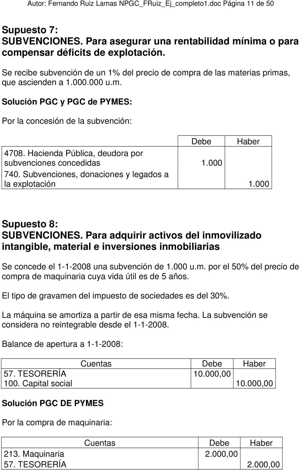Hacienda Pública, deudora por subvenciones concedidas 1.000 740. Subvenciones, donaciones y legados a la explotación 1.000 Supuesto 8: SUBVENCIONES.