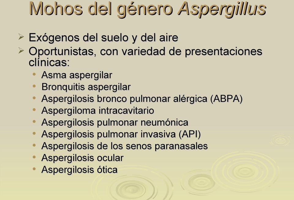 alérgica (ABPA) Aspergiloma intracavitario Aspergilosis pulmonar neumónica Aspergilosis