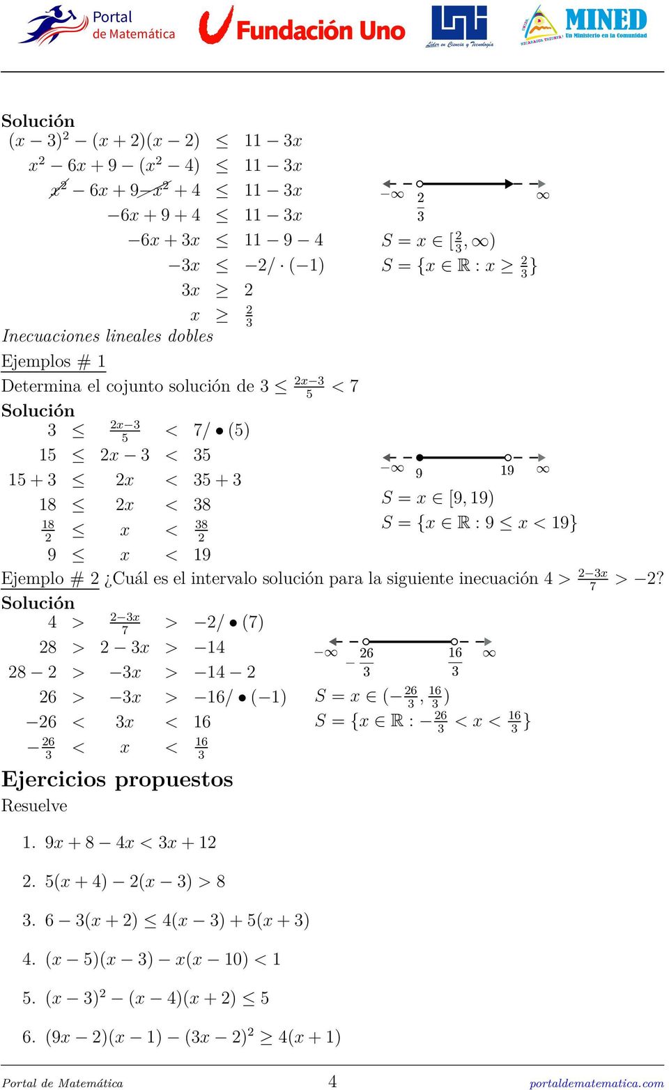el intervalo solución para la siguiente inecuación 4 > 2 3x 7 > 2? 4 > 2 3x 7 > 2/ (7) 28 > 2 3x > 14 28 2 > 3x > 14 2 26 > 3x > 16/ ( 1) 26 < 3x < 16 26 < x < 16 3 3 Ejercicios propuestos Resuelve 1.