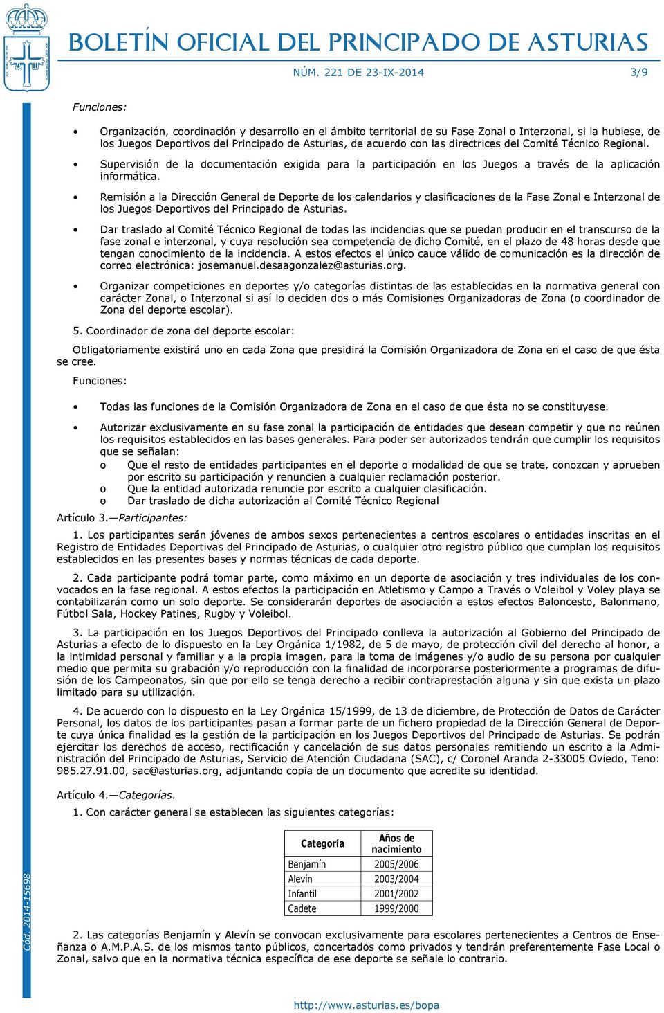 Remisión a la Dirección General de Deporte de los calendarios y clasificaciones de la Fase Zonal e Interzonal de los Juegos Deportivos del Principado de Asturias.