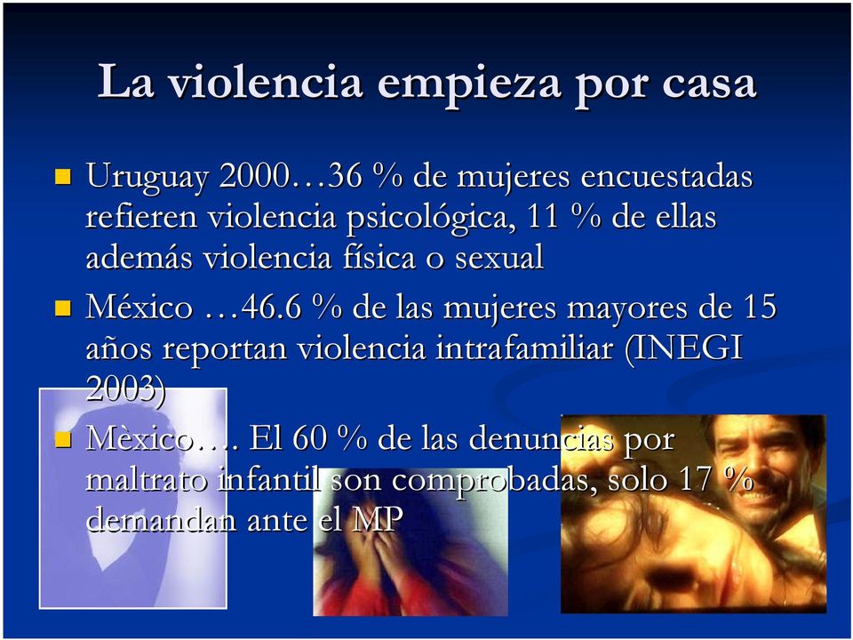 6 % de las mujeres mayores de 15 años reportan violencia intrafamiliar (INEGI 2003)