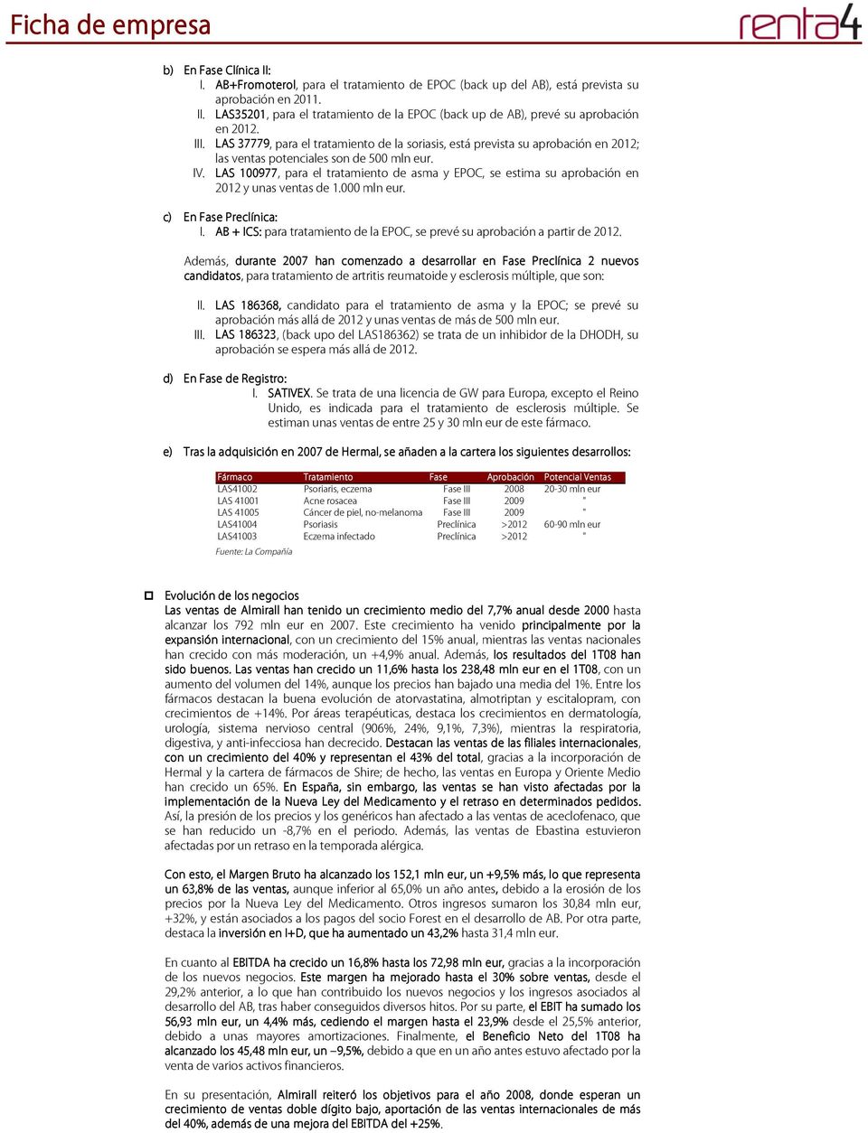 LAS 100977, para el tratamiento de asma y EPOC, se estima su aprobación en 2012 y unas ventas de 1.000 mln eur. c) En Fase Preclínica: I.