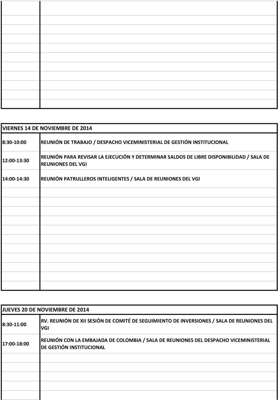 SALA DE REUNIONES DEL VGI JUEVES 20 DE NOVIEMBRE DE 2014 8:30-11:00 17:00-18:00 RV.