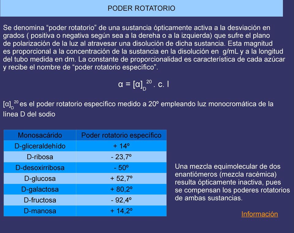 La constante de proporcionalidad es característica de cada azúcar y recibe el nombre de poder rotatorio específico. α = [α]d20. c. l [α]d20 es el poder rotatorio específico medido a 20º empleando luz