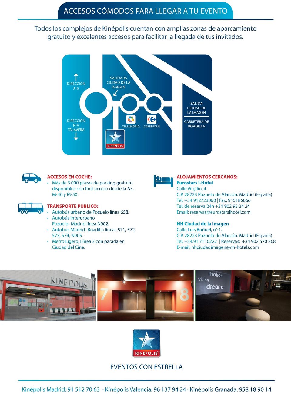 000 plazas de parking gratuito disponibles con fácil acceso desde la A5, M-0 y M-50. TRANSPORTE PÚBLICO: Autobús urbano de Pozuelo línea 65. Autobús Interurbano Pozuelo- Madrid línea N02.
