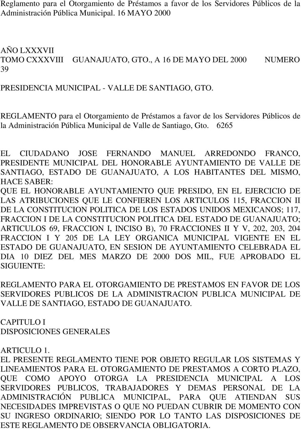 REGLAMENTO para el Otorgamiento de Préstamos a favor de los Servidores Públicos de la Administración Pública Municipal de Valle de Santiago, Gto.