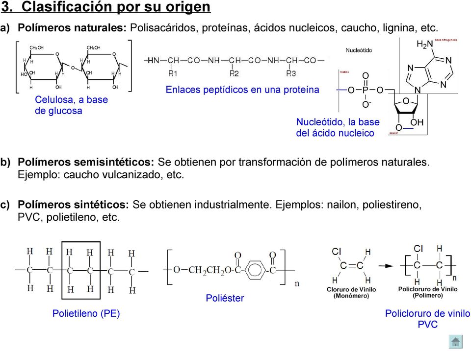 semisintéticos: Se obtienen por transformación de polímeros naturales. Ejemplo: caucho vulcanizado, etc.