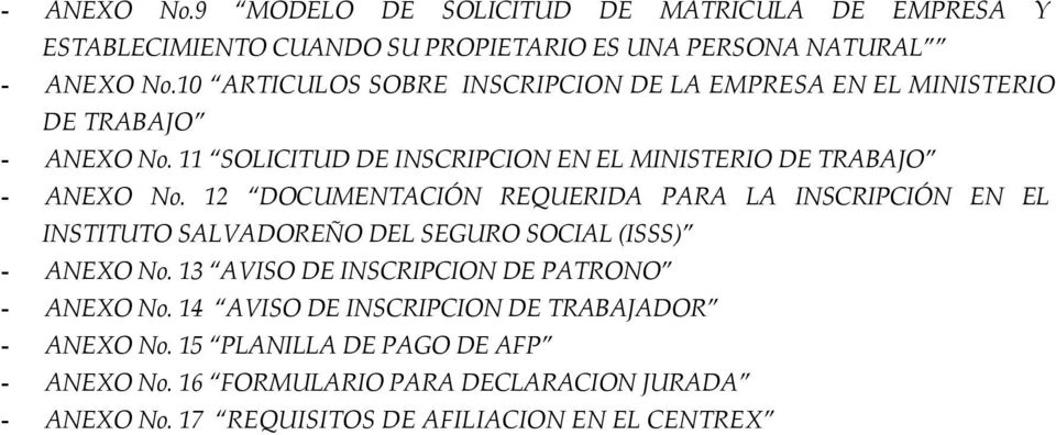 12 DOCUMENTACIÓN REQUERIDA PARA LA INSCRIPCIÓN EN EL INSTITUTO SALVADOREÑO DEL SEGURO SOCIAL (ISSS) - ANEXO No.