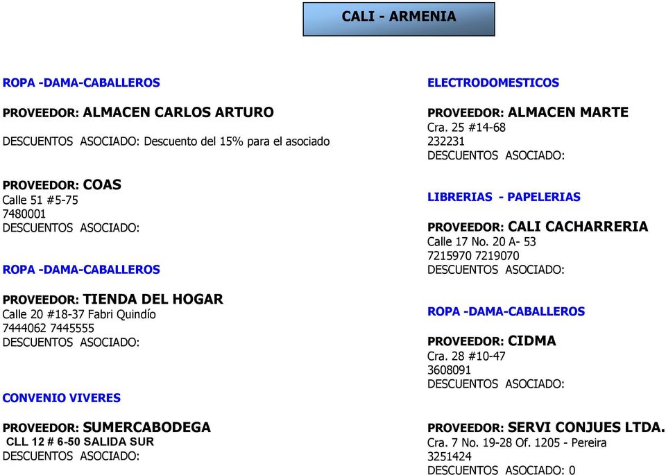 SALIDA SUR ELECTRODOMESTICOS PROVEEDOR: ALMACEN MARTE Cra. 25 #14-68 232231 LIBRERIAS - PAPELERIAS PROVEEDOR: CALI CACHARRERIA Calle 17 No.
