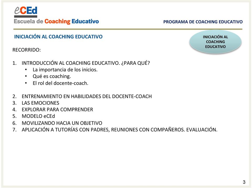 El rol del docente- coach. 2. ENTRENAMIENTO EN HABILIDADES DEL DOCENTE- COACH 3. LAS EMOCIONES 4.