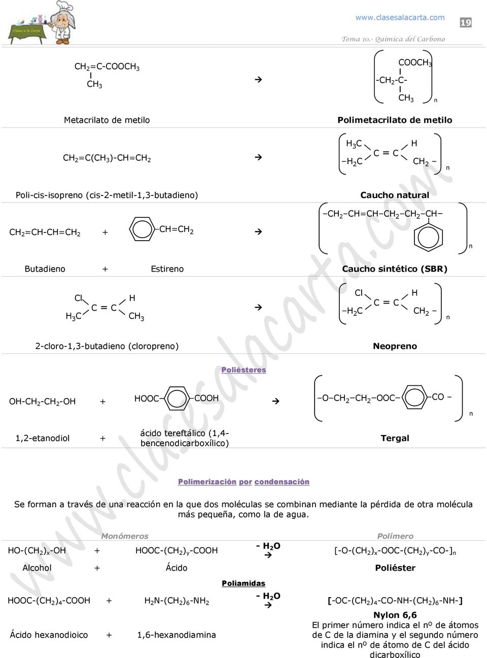 Butadieno + Estireno Caucho sintético (SBR) Cl C C C Cl C C C C n -cloro-,-butadieno (cloropreno) Neopreno Poliésteres -C -C - + C C C C C C n,-etanodiol + cido tereftlico (,- bencenodicarboxílico)