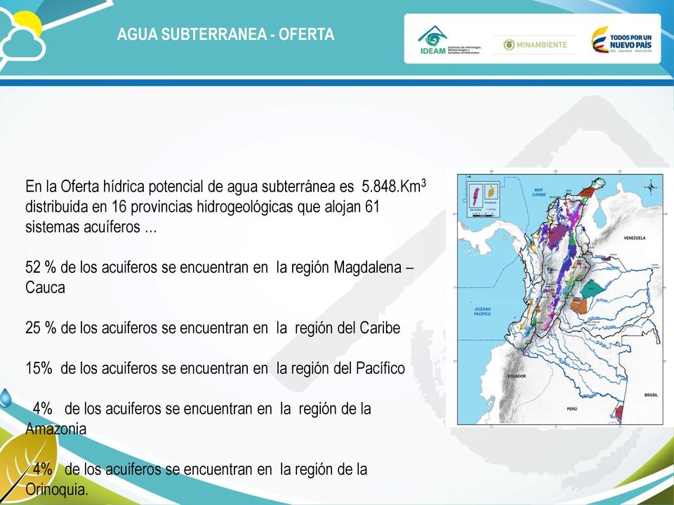 en la región Magdalena Cauca 25 % de los acuiferos se encuentran en la región del Caribe 15% de los acuiferos se
