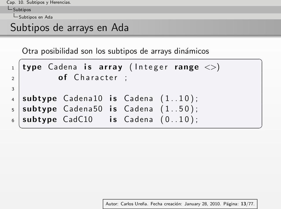 subtype Cadena10 i s Cadena ( 1.. 1 0 ) ; 5 subtype Cadena50 i s Cadena ( 1.