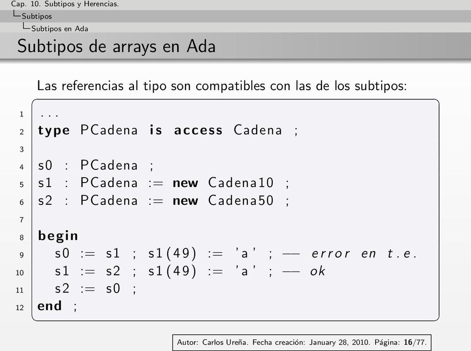 .. 2 type PCadena i s access Cadena ; 3 4 s 0 : PCadena ; 5 s 1 : PCadena := new Cadena10 ; 6 s 2 :