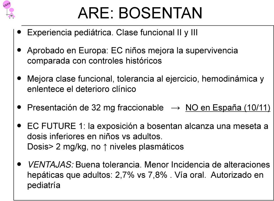 tolerancia al ejercicio, hemodinámica y enlentece el deterioro clínico Presentación de 32 mg fraccionable NO en España (10/11) EC FUTURE 1: la
