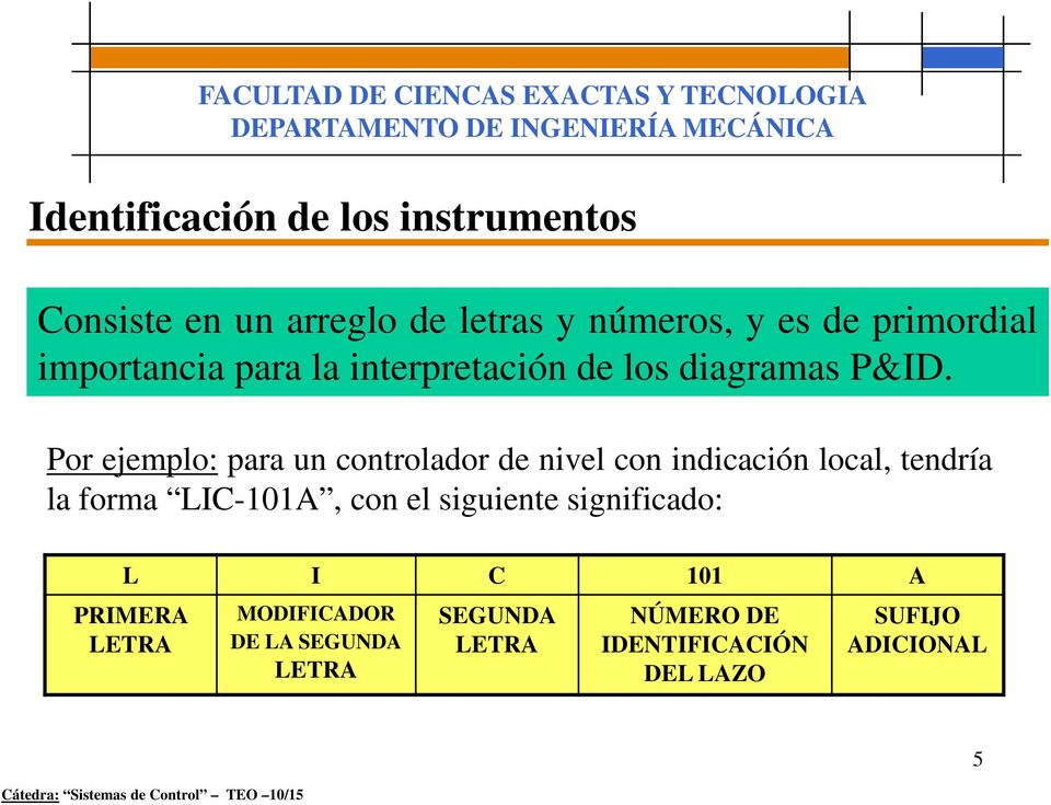 Por ejemplo: para un controlador de nivel con indicación local, tendría la forma LIC-101A, con el
