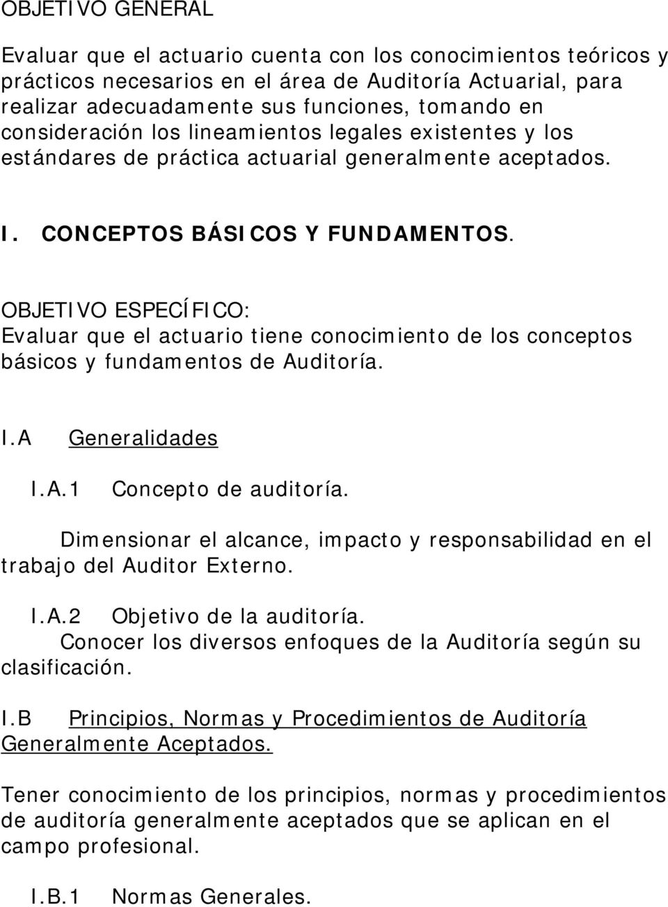 Evaluar que el actuario tiene conocimiento de los conceptos básicos y fundamentos de Auditoría. I.A Generalidades I.A.1 Concepto de auditoría.
