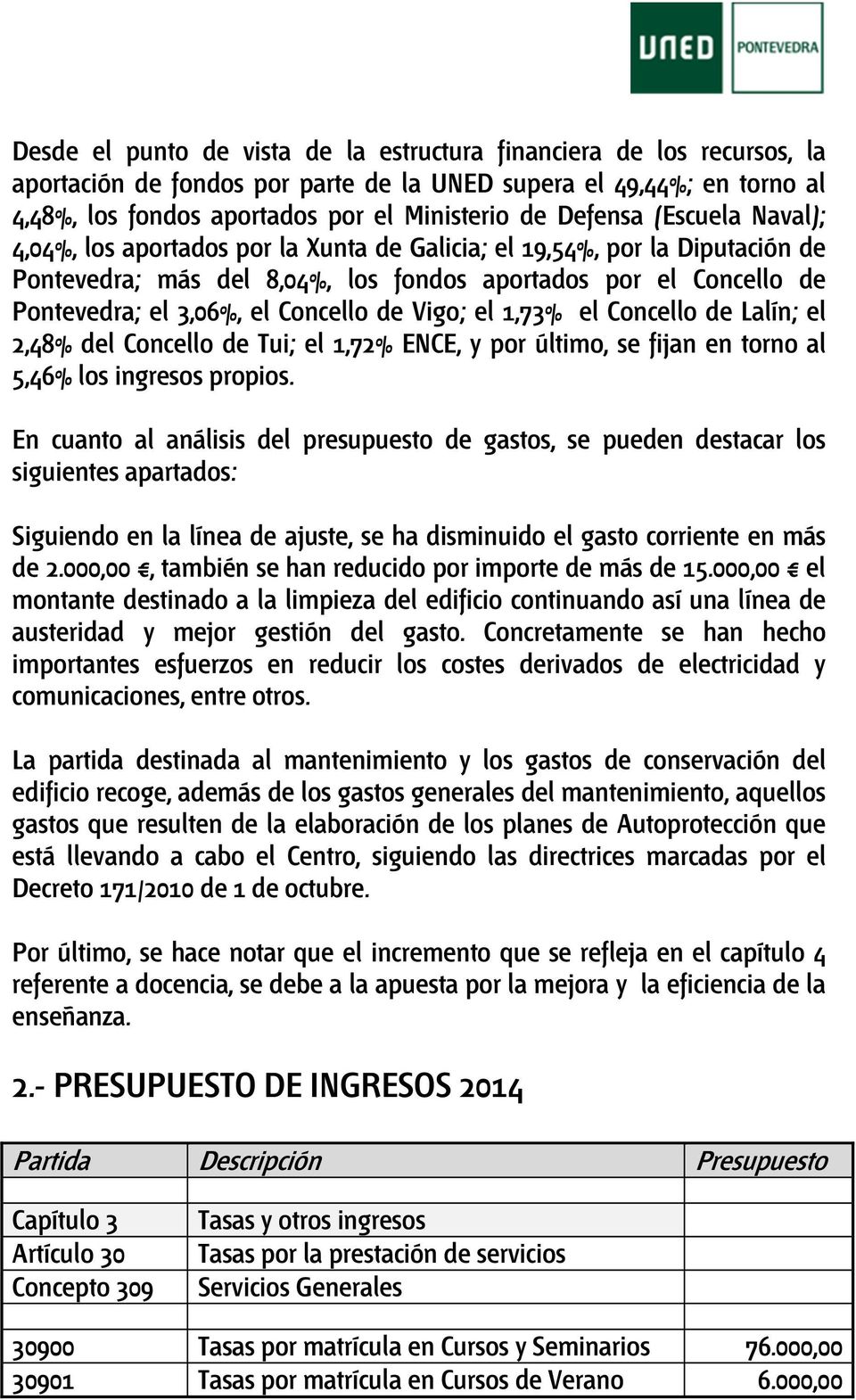 Concello de Vigo; el 1,73% el Concello de Lalín; el 2,48% del Concello de Tui; el 1,72% ENCE, y por último, se fijan en torno al 5,46% los ingresos propios.
