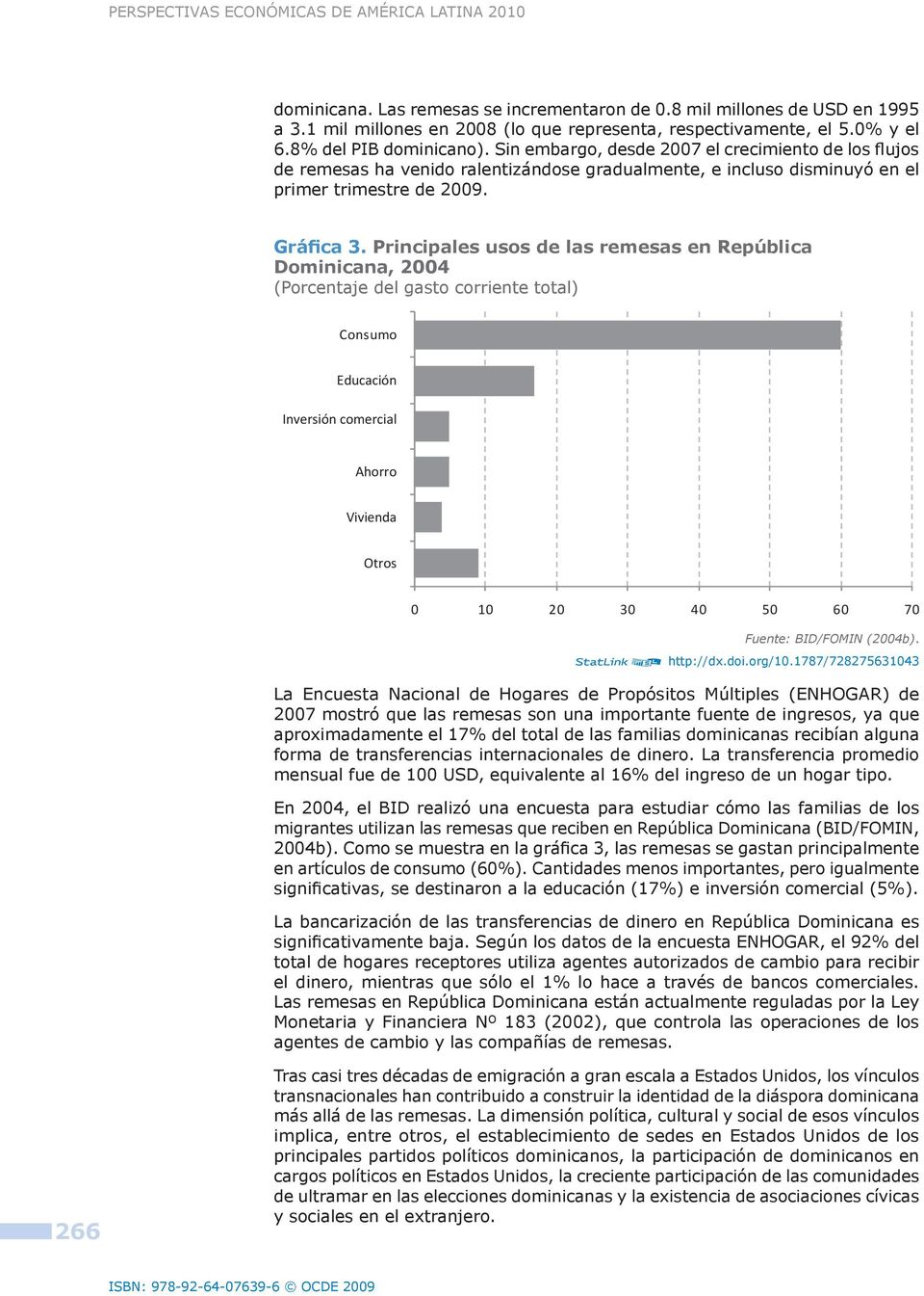 Principales usos de las remesas en República Dominicana, 2004 (Porcentaje del gasto corriente total) Consumo Educación Inversión comercial Ahorro Vivienda Otros 0 10 20 30 40 50 60 70 Fuente: