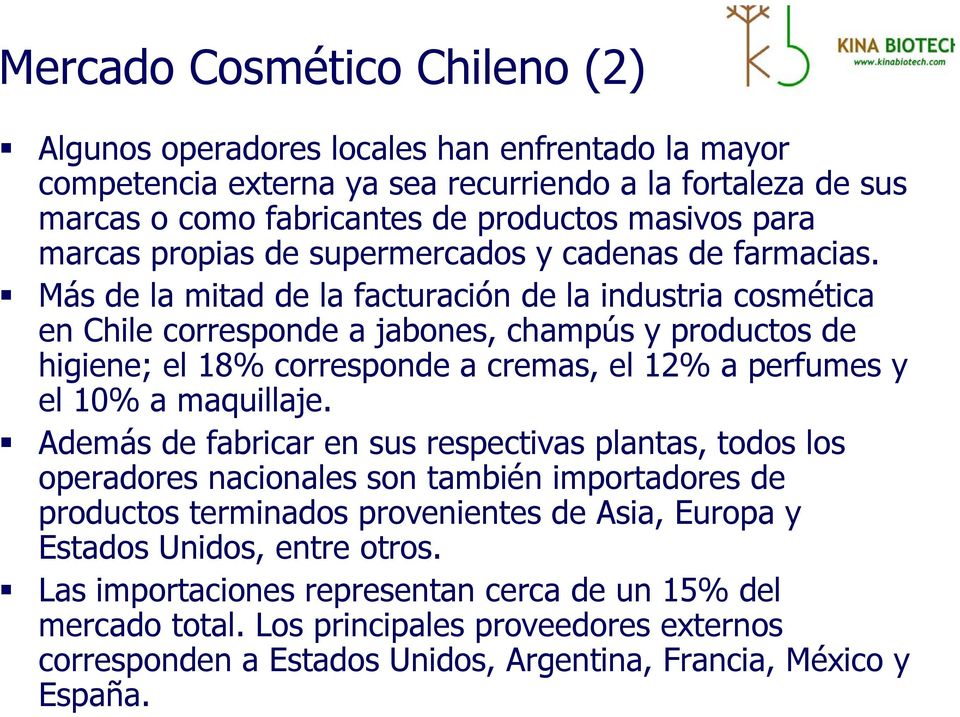 Más de la mitad de la facturación de la industria cosmética en Chile corresponde a jabones, champús y productos de higiene; el 18% corresponde a cremas, el 12% a perfumes y el 10% a maquillaje.